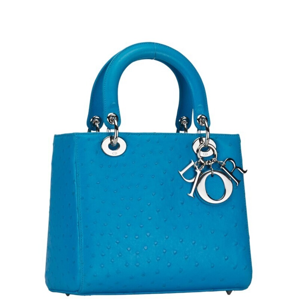 Dior Lady Handbag Bag Ostrich Shoulder Blue Leather